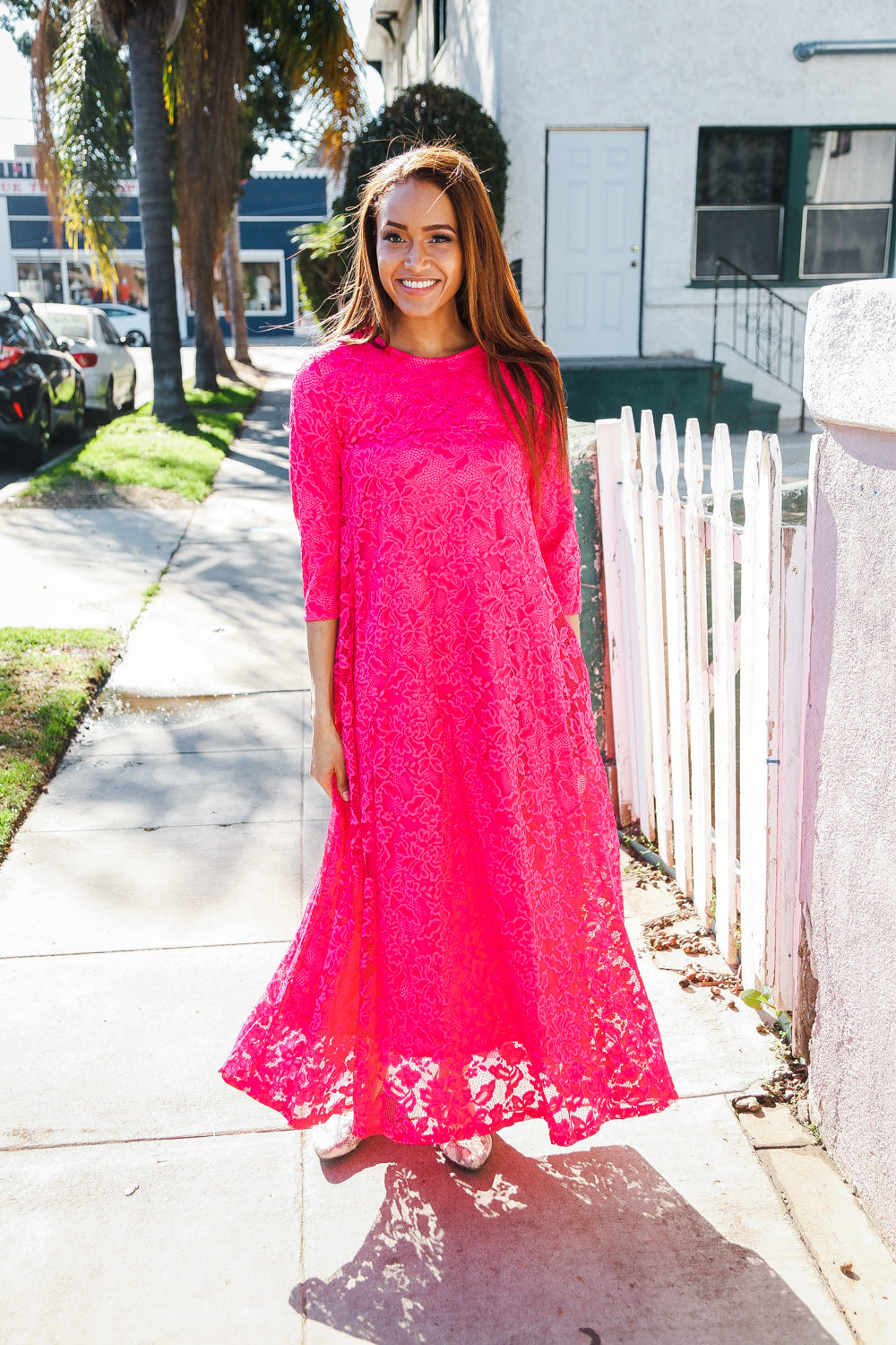 Diva Dreaming Fuchsia Three-Quarter Sleeve Floral Crochet Lined Maxi Dress