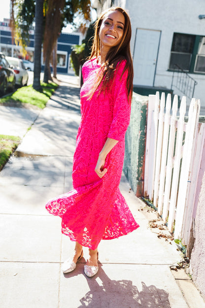 Diva Dreaming Fuchsia Three-Quarter Sleeve Floral Crochet Lined Maxi Dress